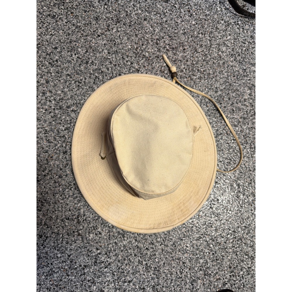 LL Bean Vintage Cotton Canvas Sun Hat Cream Green Wide Brim Chin Strap USA W613